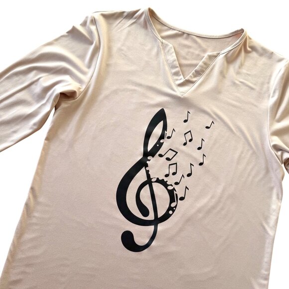 Treble Clef Music Note Top Size S Beige Graphic Shirt 3/4 Length Sleeve Tee - Picture 8 of 8